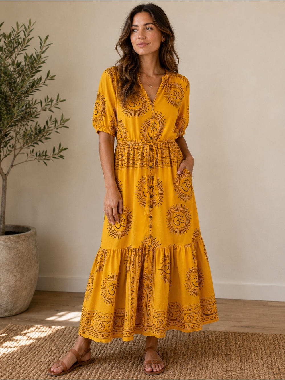 Yellow Printed Tiered Maxi Dress with Drawstring Waist and Short Sleeves